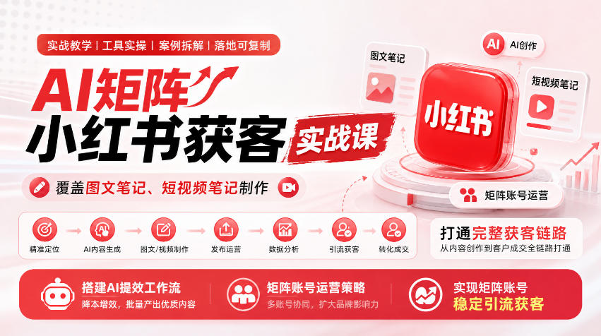 AI矩阵小红书获客实战课，覆盖图文笔记、短视频笔记制作，打通完整获客链路，搭建AI提效工作流，实现矩阵账号稳定引流获客-资源宝库