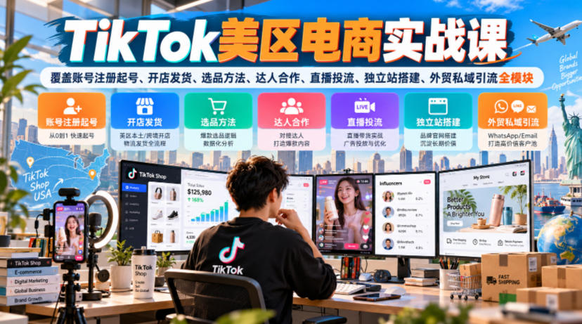 TikTok美区电商实战课，覆盖账号注册起号、开店发货、选品方法、达人合作、直播投流、独立站搭建、外贸私域引流全模块-资源宝库