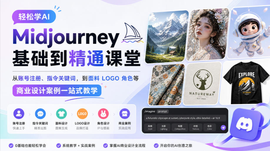轻松学AI Midjourney基础到精通课堂，从账号注册、指令关键词，到面料LOGO角色等商业设计案例一站式教学-资源宝库