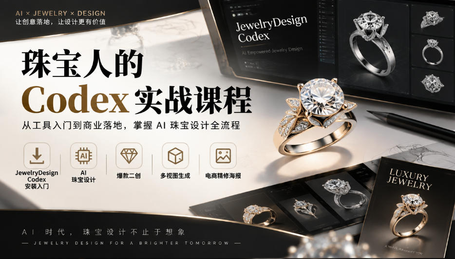 珠宝人的Codex实战课程｜JewelryDesign Codex安装入门、AI珠宝设计、爆款二创、多视图生成、电商精修海报全链路教学-资源宝库