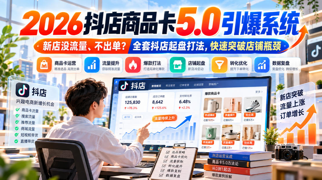 2026抖店商品卡5.0引爆店铺流量，新店没流量、不出单？全套抖店起盘打法，快速突破店铺瓶颈-资源宝库