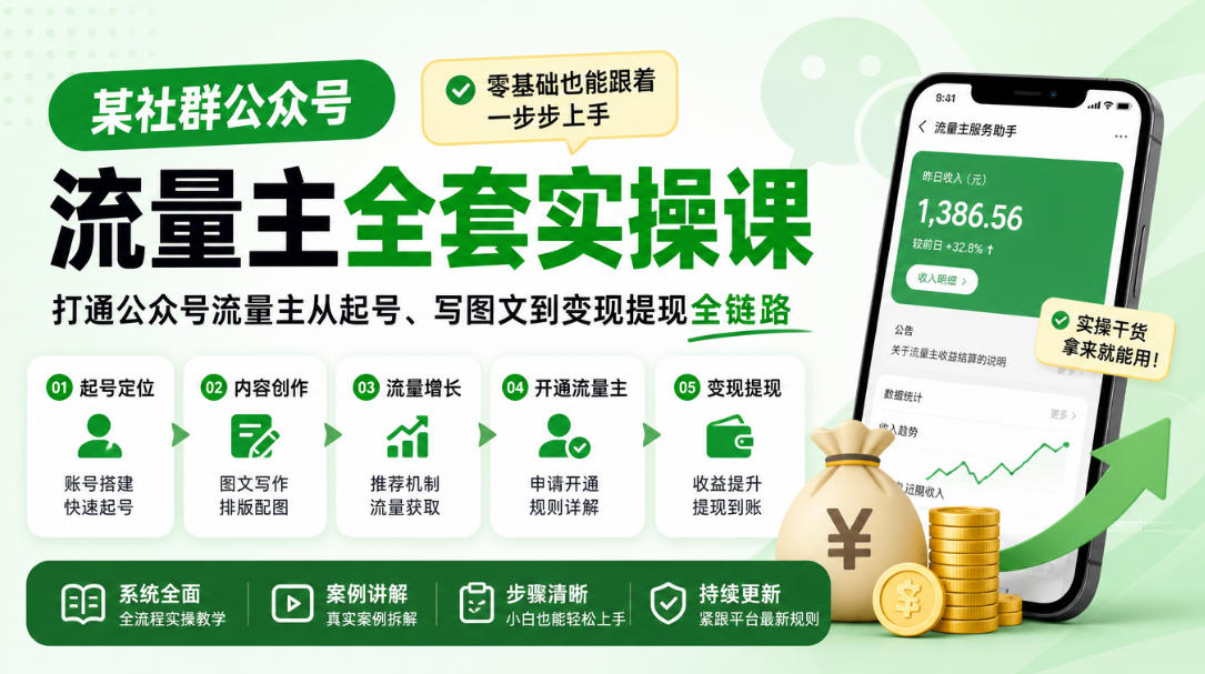 某社群公众号流量主全套实操课，零基础也能跟着一步步上手，打通公众号流量主从起号、写图文到变现提现全链路-资源宝库