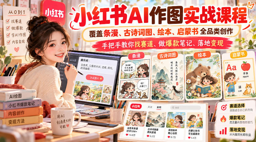 小红书AI作图实战课程，覆盖条漫、古诗词图、绘本、启蒙书全品类创作，手把手教你找赛道、做爆款笔记、落地变现(更新1017)-资源宝库