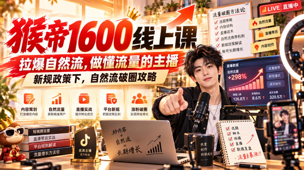 猴帝1600线上课，拉爆自然流，做懂流量的主播，新规政策下，自然流破圈攻略【更新261017】-资源宝库