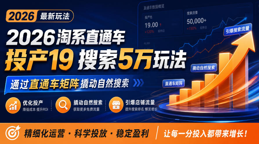 2026淘系直通车投产19搜索5万玩法，通过直通车矩阵撬动自然搜索，帮助商家优化投产，引爆店铺搜索流量-资源宝库