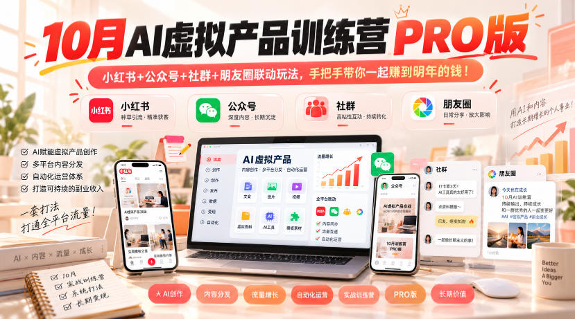 10月AI虚拟产品训练营PRO版，小红书+公众号+社群+朋友圈联动玩法，手把手带你一起赚到明年的钱！-资源宝库