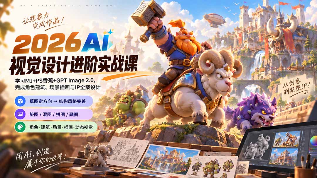 2026AI视觉设计进阶实战课-更新1007：学习MJ+PS香蕉+GPT Image 2.0，完成角色建筑、场景插画与IP全案设计-资源宝库