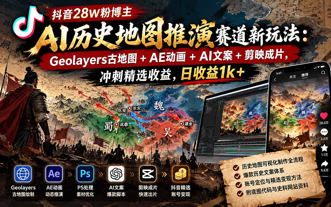 抖音28W粉博主AI历史地图推演赛道新玩法：Geolayers古地图+AE动画+AI文案+剪映成片，冲刺精选收益，日收益1k+-资源宝库