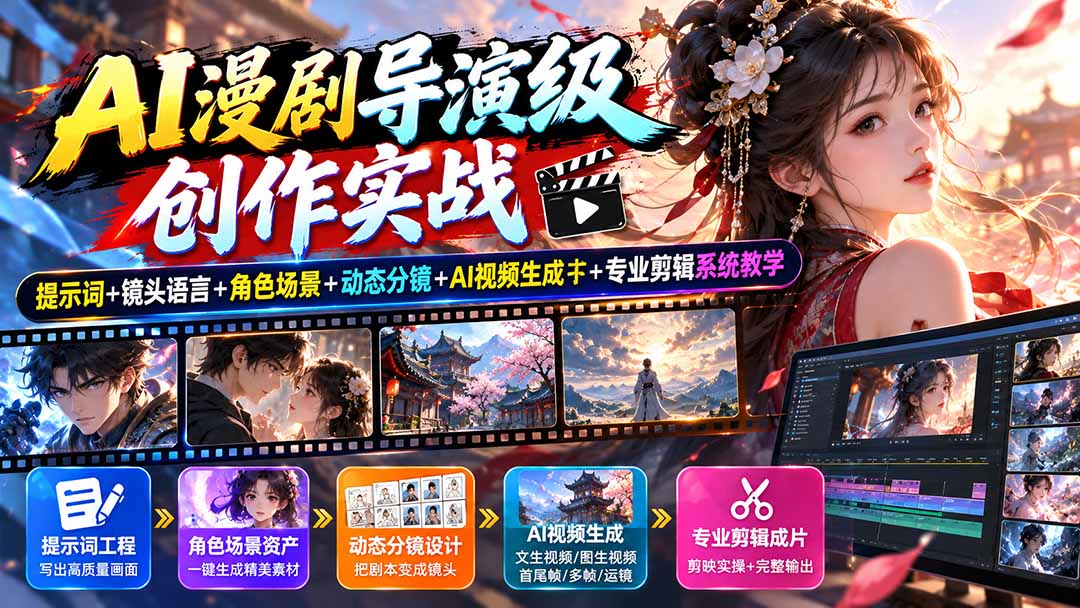 AI漫剧导演级创作实战：提示词+镜头语言+角色场景+动态分镜+AI视频生成+专业剪辑系统教学-资源宝库