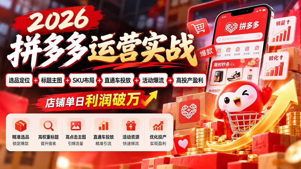 2026拼多多运营实战-更新1002：选品定位+标题主图+SKU布局+直通车投放+活动爆流+高投产盈利 店铺单日利润破万-资源宝库