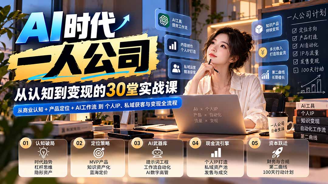 【无水印】AI时代一人公司30堂实战课：从商业认知+产品定位+AI工作流到个人IP、私域获客与变现全流程-资源宝库