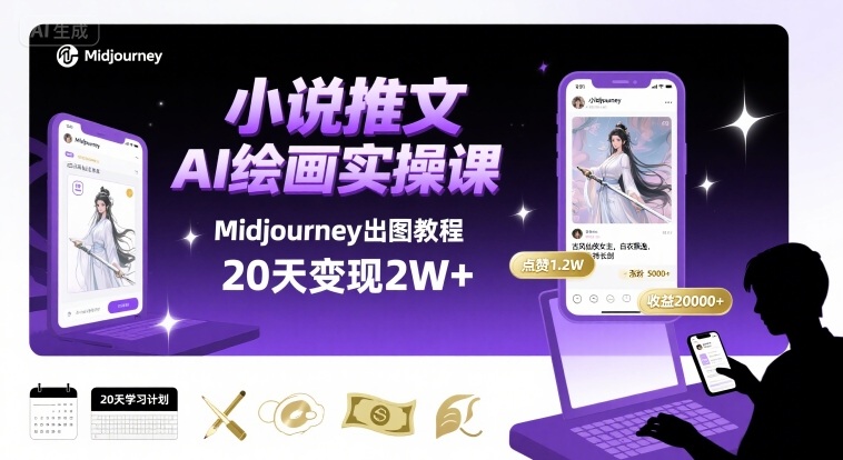 小说推文干货分享之AI绘画MJ出图实操课，用Midjourney做小说推文，20天挣2w-资源宝库