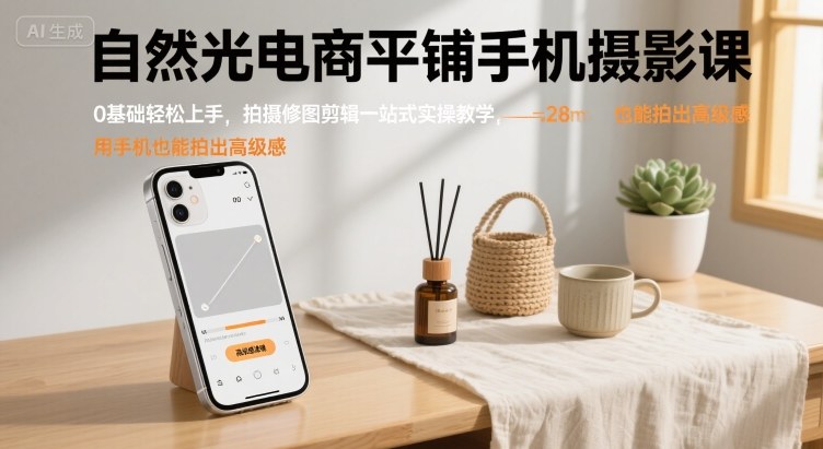 自然光电商平铺手机摄影课，0基础轻松上手，拍摄修图剪辑一站式实操教学，用手机也能拍出高级感-资源宝库