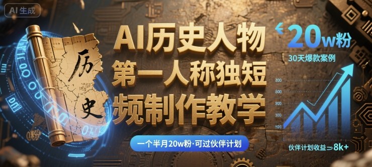 最新AI历史人物第一人称独白短视频制作教学，一个半月20w粉，可过伙伴计划-资源宝库