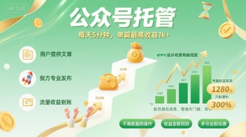 【公众号托管 】我提供文章,你发布,每天5分钟,单篇最高收益1k+【揭秘】