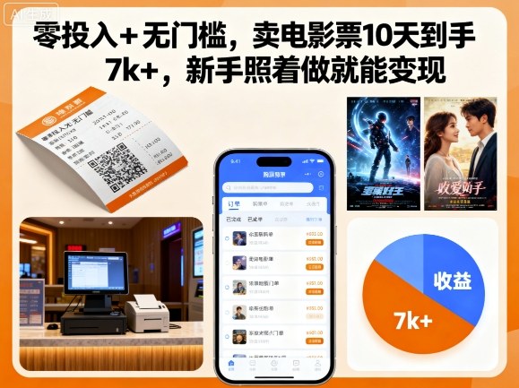 零投入+无门槛，卖电影票10天到手7k+，新手照着做就能变现【揭秘】-资源宝库