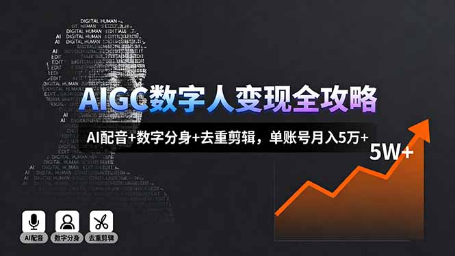 AIGC数字人变现全攻略，AI配音+数字分身+去重剪辑，单账号月入5万+-资源宝库