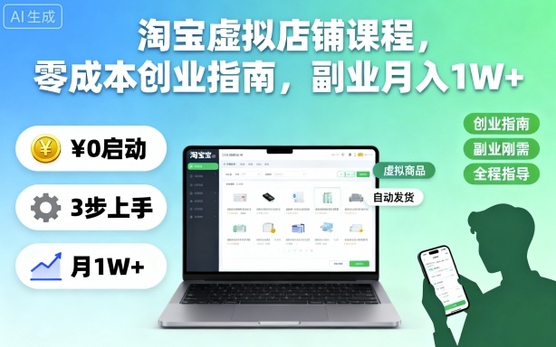 淘宝虚拟店铺课程，零成本创业指南，副业月入1W+-资源宝库