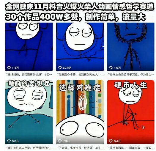 全网独家11月抖音火爆火柴人动画情感哲学赛道，30个作品400W多赞，制作简单，流量大【教学+素材】-资源宝库