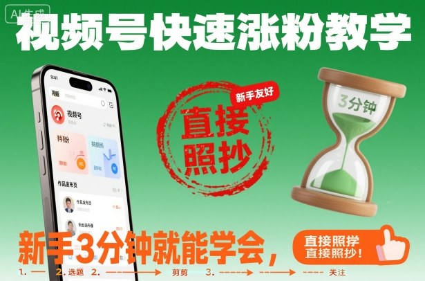 视频号快速涨粉教学，新手3分钟就能学会，直接照抄！-资源宝库