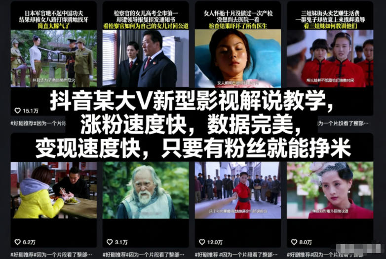 抖音某大V新型影视解说教学，涨粉速度快，数据完美，变现速度快，只要有粉丝就能挣米-资源宝库