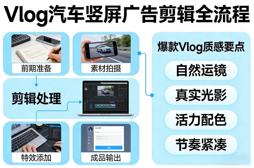 Vlog感觉汽车竖屏广告剪辑脚本全流程，拿捏爆款Vlog质感-资源宝库