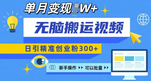 无脑搬运视频号可批量复制，新手即可操作，日引精准创业粉300+，月变现过W 【揭秘】-资源宝库