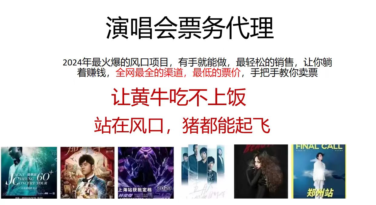 演唱会票务代理，2024年最火爆风口项目，全网最低的票价，小白一分钟上手日入2000+-资源宝库