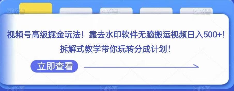视频号高级掘金玩法，靠去水印软件无脑搬运视频日入500+，拆解式教学带你玩转分成计划【揭秘】-资源宝库