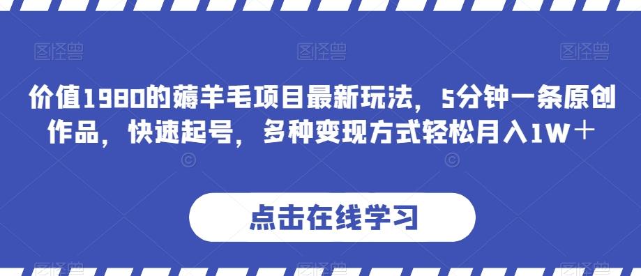 价值1980的薅羊毛项目最新玩法，5分钟一条原创作品，快速起号，多种变现方式轻松月入1W＋【揭秘】-资源宝库