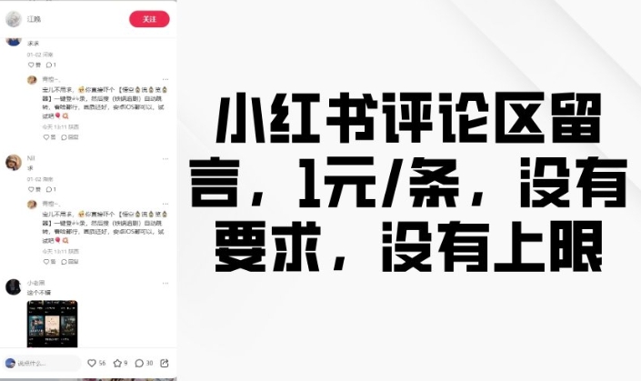 小红书评论区留言,1元条,没有要求,没有上限