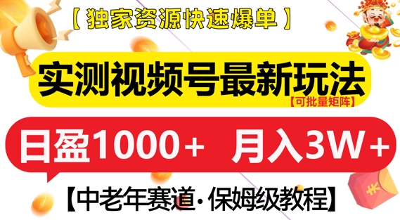 实测视频号最新玩法，中老年赛道，独家资源，月入过W+【揭秘】-资源宝库
